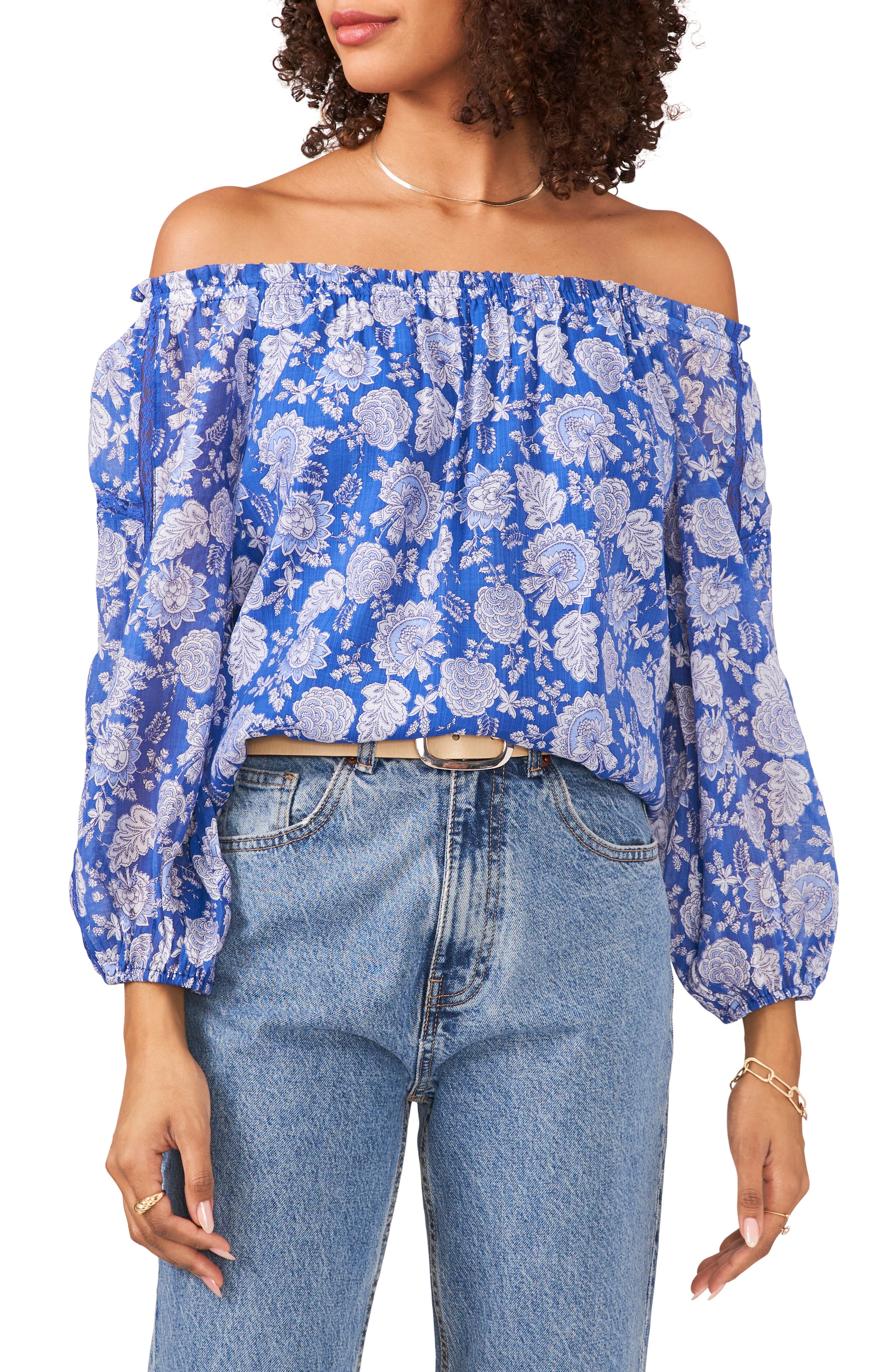 NEW Free People Off The Shoulder Ruched Sleeves Top Shirt Blouse Blue 